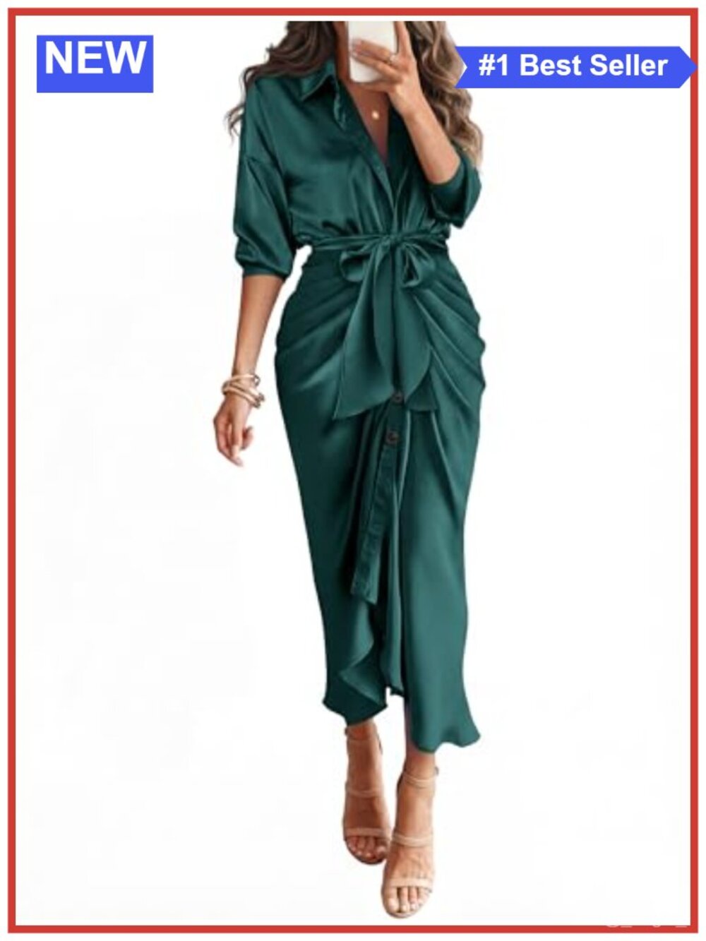 Satin Shirt Dress Maxi Long Sleeve Button Down Tie Waist Women